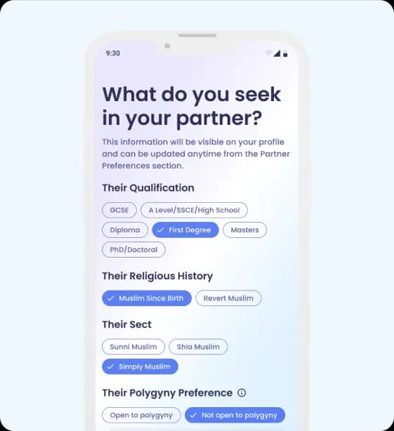 Muslim marriage app compatibility preferences screen showing religious values and partner criteria on Pure Matrimony